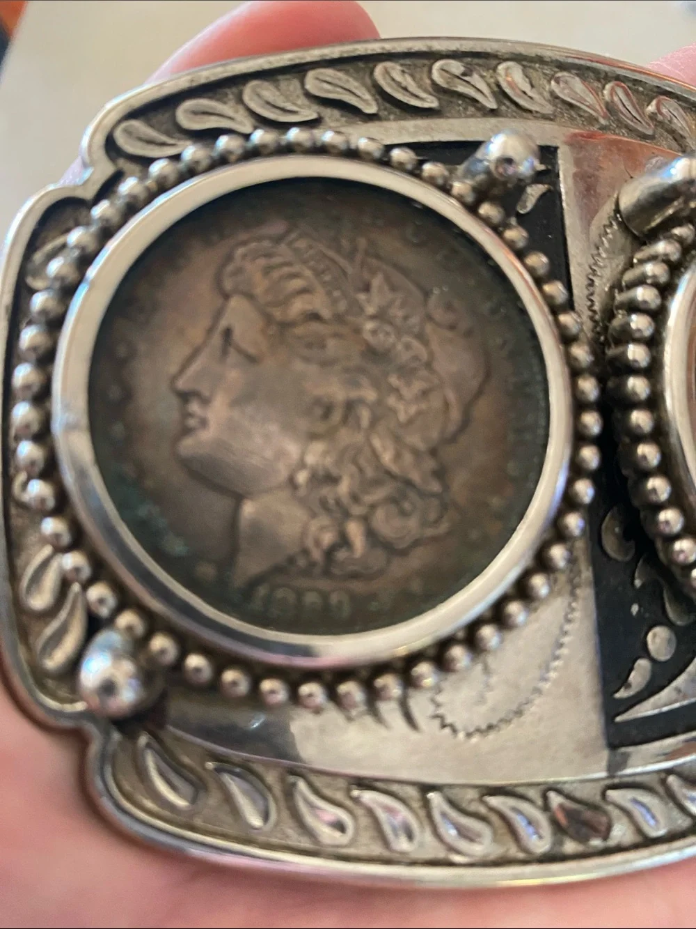 Antique Silver Tone Double Coin Buckle with Morgan Coins